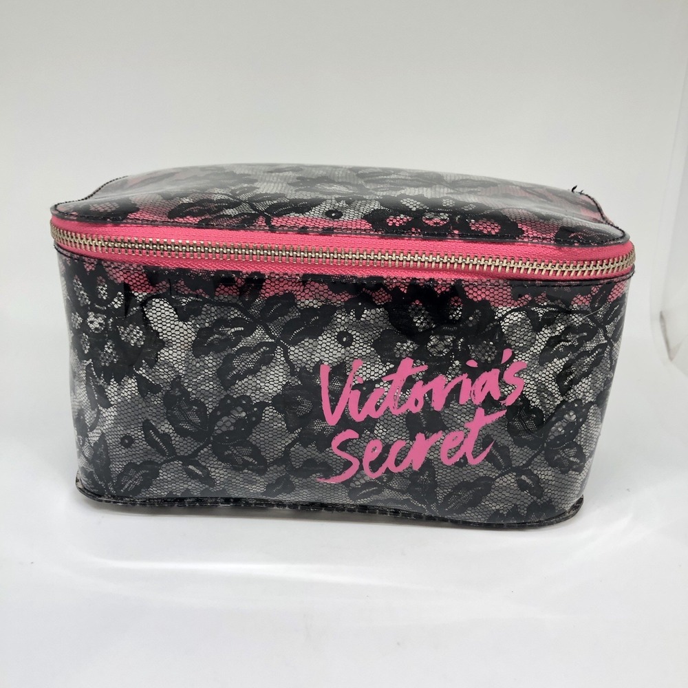 Victoria Secret Pink Clear Black Floral Lace Cosmetic Makeup Bag Purse Organizer